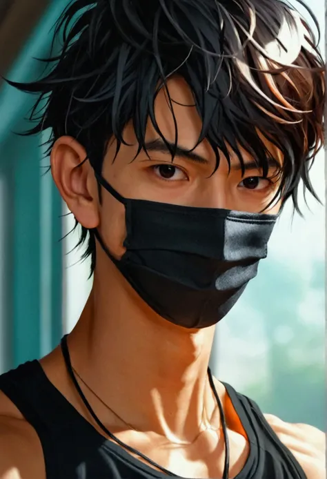 young man with japanese face asian,small eyes,Sharp eyebrows ,8K images,realistically,Wear a tight sports t-shirt.,Have muscles,Wear a black mask to cover your face.,Secondary hair style