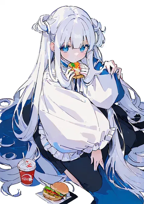 (Very white and long hair with a bluish tint, weak perm:1.5), anime girl sitting on the ground eating a hamBurger and soda, eating Burgers, eating a Burger, eating a hamBurger, I&#39;ll make fan art too, devours a hamBurger, female protagonist 👀 :8, Tsk ts...