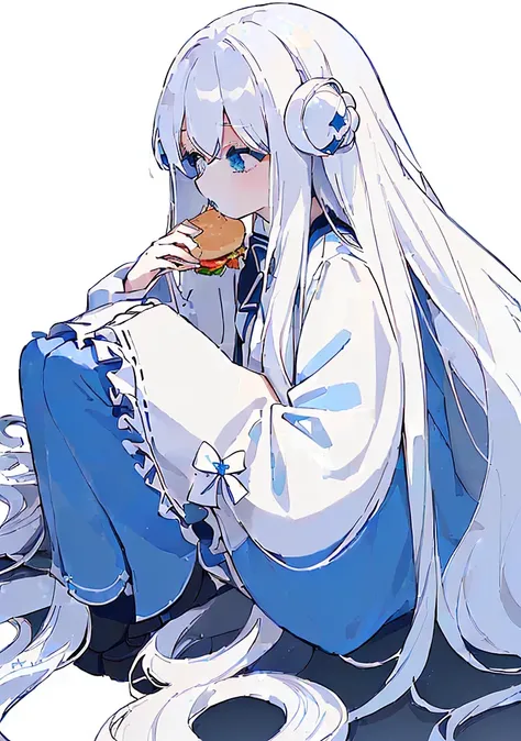 (Very white and long hair with a bluish tint, weak perm:1.5), anime girl sitting on the ground eating a hamBurger and soda, eating Burgers, eating a Burger, eating a hamBurger, I&#39;ll make fan art too, devours a hamBurger, female protagonist 👀 :8, Tsk ts...