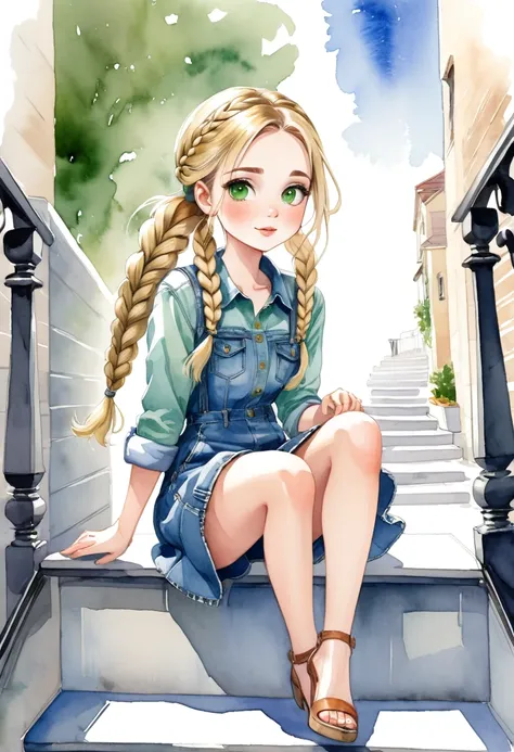 watercolor drawing, a beautiful  with blonde hair and green eyes, She wears denim dress, she wears braids in her hair, she is sitting on a stair railing, legs open, she seems to be having fun