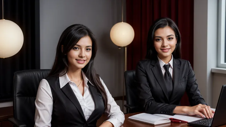 a beautiful girl in a professional office setting, black hair, looking at viewer, elegant red business attire, (red business dress), gentle expression, full smile, professional and efficient, office supplies, warm lighting, photorealistic, highly detailed,...