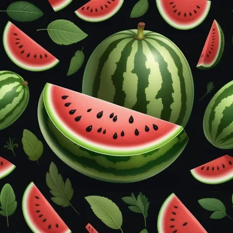 realistic whole watermelon, black background, cartoon style