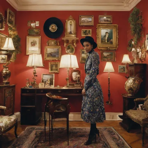 In the image, a woman is seen standing in a room wearing a hat and a floral dress. The room is decorated with various items, including a desk with a variety of objects on it, such as a lamp and a mirror. The walls are adorned with multiple picture frames d...