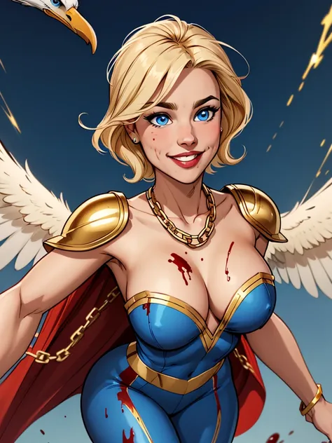 Young female, blonde with short hair, with big, bright blue eyes, wearing a blue costume, defined chest, wearing a golden shoulder pad in the shape of an eagle, with a golden chain running across his chest holding a red cape Smiling with blood splash on fa...