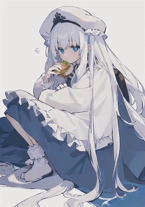 (Very white and long hair with a bluish tint, weak perm:1.5), anime girl sitting on the ground eating a hamBurger and soda, eating Burgers, eating a Burger, eating a hamBurger, I&#39;ll make fan art too, devours a hamBurger, female protagonist 👀 :8, Tsk ts...