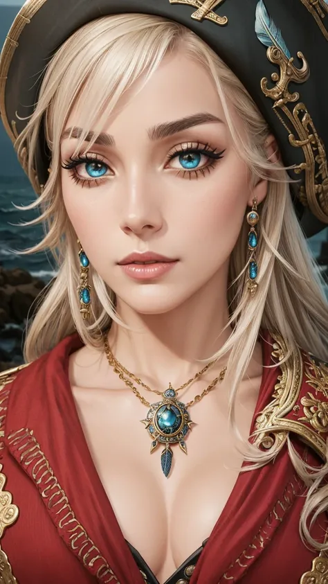 beautiful female pirate with hat, pirate captain, detailed face, beautiful eyes, full lips, long eyelashes, ornate pirate hat, feather in hat, intricate pirate outfit, embroidered coat, shiny jewelry, holding sword, stormy sea background, dramatic lighting...