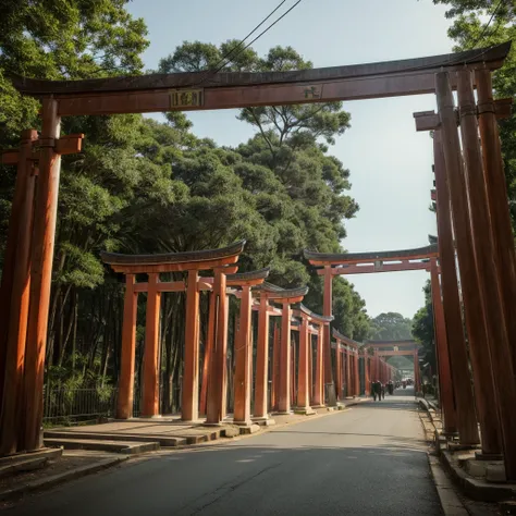 REALISTIC，Unlimited exposures，(The sacred Torii is erected on the street)，Shrink the image by 10 for each exposure%，Extending infinitely into the distance，strange picture