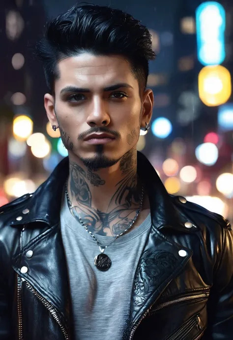 1 man, inside the city at night with lights, wearing a black shirt with a leather jacket, detailed facial features, beautiful black and masculine eyes, detailed light skin, medium black hair, strong expression, tattoos on the body, dramatic lighting, cinem...