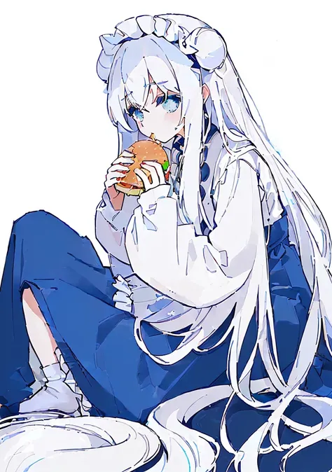 (Very white and long hair with a bluish tint, weak perm:1.5), anime girl sitting on the ground eating a hamBurger and soda, eating Burgers, eating a Burger, eating a hamBurger, I&#39;ll make fan art too, devours a hamBurger, female protagonist 👀 :8, Tsk ts...