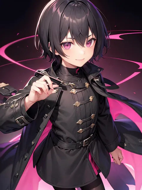 Short black hair、Pink eyes、Shota、male:1.5、solo、jet black duffle coat、Black clothing、Wicked Smile、Black trousers、knife