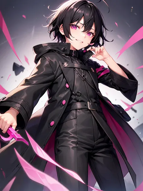 Short black hair、Pink eyes、Shota、male:1.5、solo、jet black duffle coat、Black clothing、Wicked Smile、Black trousers、knife