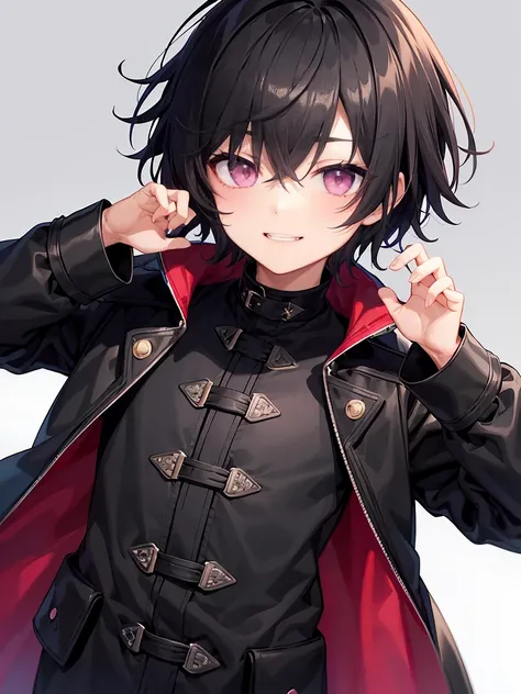 Short black hair、Pink eyes、Shota、male:1.5、solo、jet black duffle coat、Black clothing、Wicked Smile、Black trousers、gun