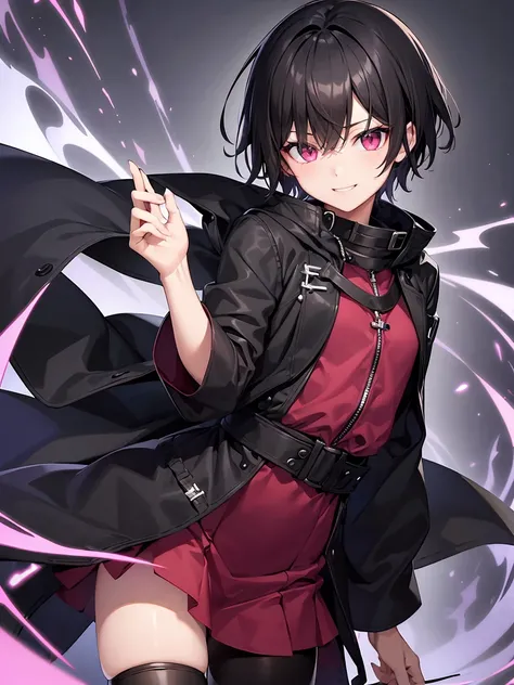 Short black hair、Pink eyes、Shota、male:1.5、solo、jet black duffle coat、Black clothing、Wicked Smile、Black trousers、gun