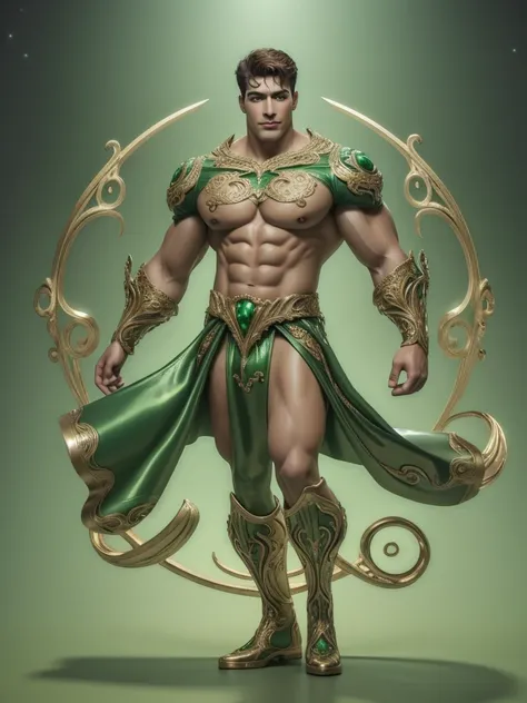 Quarter body 3D image of a strong and handsome hunky Astro, surrealistic face and eyes, wearing green and bronze swirls and twirls filigree shiny latex spandex, hands holding a shining jewel, the hero face is depicted extremely clearly in every detail, stu...