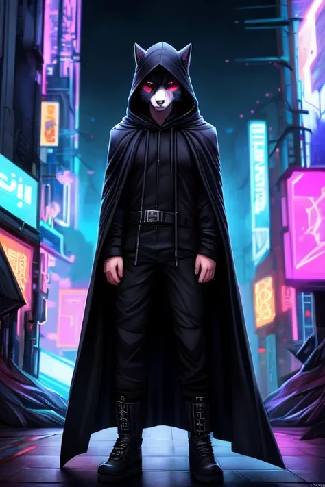 por angiewolf, hioshiru, puros, anthropo, mascle, standing alone, badass clothing, coat, 2022, black badass clothing, hooded cloak, black tops, eyes locked, black hooded cloak, cyberpunk city background