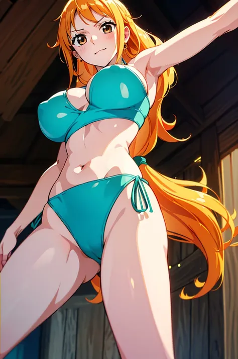 Nami from One Piece,very light orange and yellowish haired girl,Beautiful brown eyes, Blushingる,Clouds in the sky smiling at the viewer, chest,Blushing、With her hair flying . ((Spread your legs、Big Breasts、Sexy pose)))、((Shiny swimwear、topless、Beautiful ni...