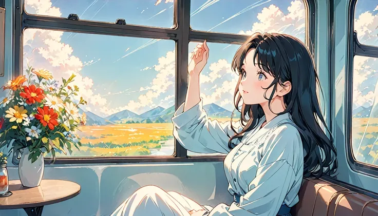 Image of a woman in her 50s sitting on a train and looking out the window, praise girl, praise artstyle, praise girl aesthetic, praise art, praise vibes, praise feel, praise colors, praise vibe, praise aesthetic, praise, Lo-Fi, Lo-Fiアート, 80年代のAnime atmosph...