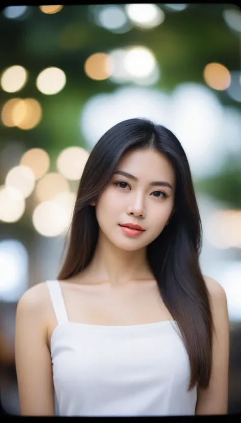 Close-up photo of a beautiful Thai woman, Bust size 34 inches, straight hair, front view, Wear a white shirt., bokeh background, Polaroid Photos, UHD