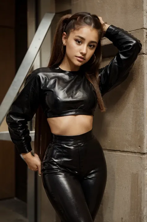 Ariana Grande in a leather top and leather leggings