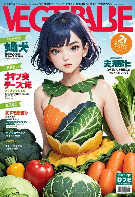 (vegetable magazine cover:1.3),(masterpiece, best quality:1.1),A gravure photo of a vegetable costume girl, with a model posing ,vegetable pattern clothes,model posing,summer,whole body,BREAK.(tween,detailed face,(darkblue wavy-short hair),eyebrows),