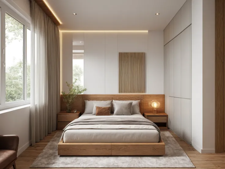 Interior Design, (modern interior space), (modern furniture design), (space that realistically describes the modern interior of a townhouse), (soft warm led light), (circle spotlight), (indoor), (neutral white tone color), (white wall), (An Cuong Wooden Fu...