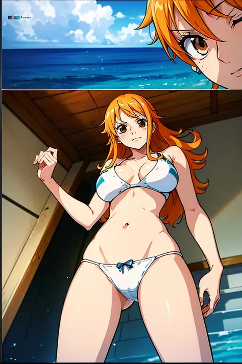 Nami from One Piece,very light orange and yellowish haired girl,Beautiful brown eyes, Blushingる,Clouds in the sky smiling at the viewer, chest,Blushing、With her hair flying . ((Spread your legs、Big Breasts、Sexy pose、Dont wear a bra)))、((Shiny swimwear、topl...