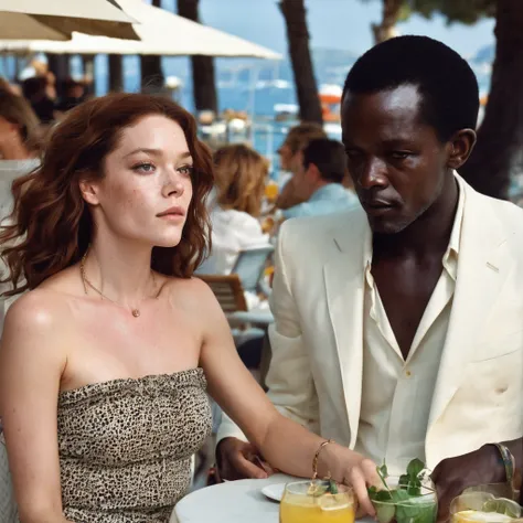 English 22 y.o. Actress Anna Friel, with freckles, bare shoulders, sitting at an outdoors bistro, in Cannes, leaning down to fix her ankles straps with tilted neck, an African man on her side