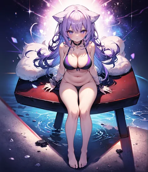  4K, (8K), Highest quality, Anime Style, Emphasize cleavage、Swimwear、Cat porridge、Purple hair color、Swimwear、Spread your legs、Wide-open legs、Knees point outwards、Showing off big breasts、nude、Big breasts beautiful whole body、Plump thighs、Footjob Gradient, F...