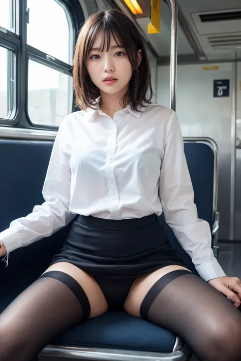 Highest quality、masterpiece、high school girl、Black Pantyhose、She is sitting on a train seat with her legs spread wide、((Photographed from below the front))、Big, fluffy bob hair、White shirt、Boa skirt、Looking at the audience、Red face、White panties、Wet clothe...