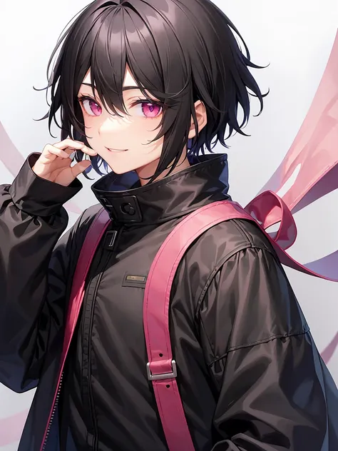 Short black hair、Pink eyes、Shota、male:1.5、solo、jet black duffle coat、Black clothing、Wicked Smile、Black trousers