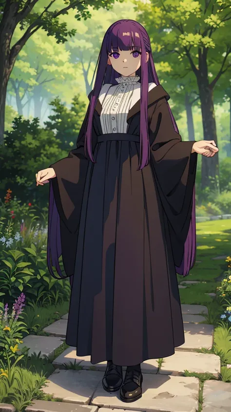 freirenfern, fern, purple hair, long hair, purple eyes, blunt bangs, sidelocks, half updo, bright pupils, (large breasts, 1 girl), frilled collar, black robe, white dress, center frills, buttons, wide sleeves, long sleeves, curvy, frilled collar, BREAK Mas...