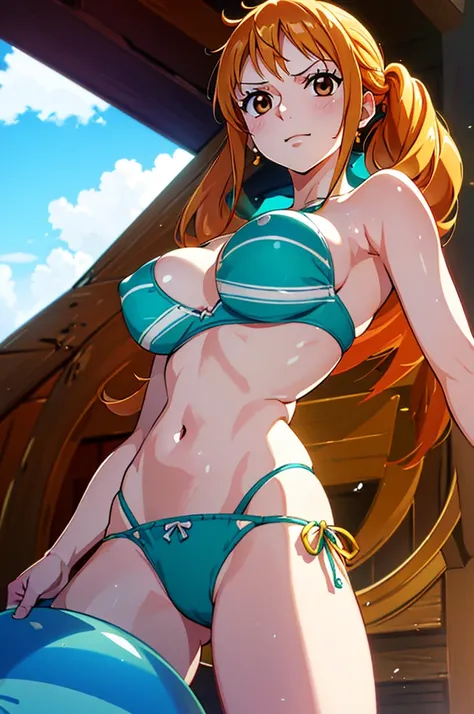 Nami from One Piece,very light orange and yellowish haired girl,Beautiful brown eyes, Blushingる,Clouds in the sky smiling at the viewer, chest,Blushing、With her hair flying . ((Spread your legs、Big Breasts、Sexy pose、Dont wear a bra、I can see her boobs)))、(...