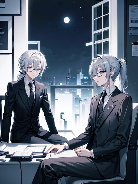 （Mastepiece）（High definition）Male android in his 20s、Gray Hair、ponytail、hat、Tuxedo、tie、Wearing black-rimmed glasses、Sitting、background（A science fiction-like electronic world、A space that feels like the inside of a machine、Virtual space、Near future、I can s...