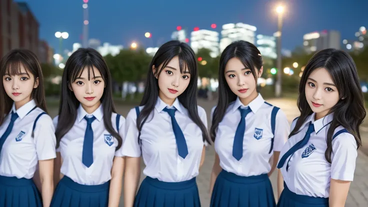 ((super high quality、High resolution、masterpiece、 Anatomically correct、Super detailed photos、Ultra-realistic photos、 Highest quality))、(3girs)、group photo、looking at viewer、Night cityscape、Uninhabited downtown、Walk over here、(cowboy shot)、(school uniform:1...