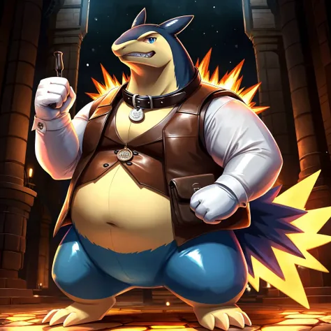 Solo, Male, fat, extremely obese, gentleman, dapper Professor Typhlosion, blue eyes, (posing:1.3), (soft shading), 4k, hi res, ((detailed face, detailed)), looking at viewer, evil grin, steampunk, collared shirt with buttons, top hat, male focus, Explorer ...