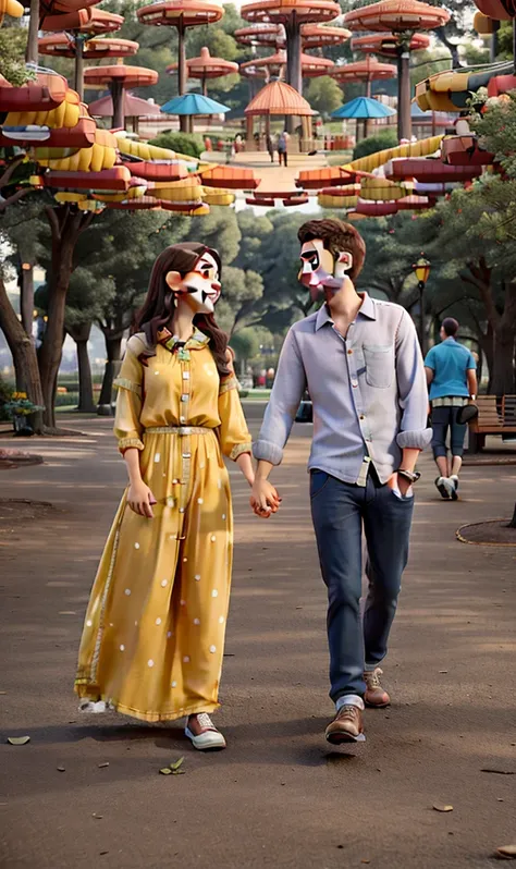 a happy couple holding hands, smiling, with a park in the background

