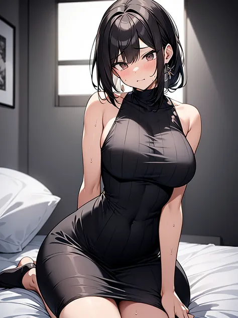 NSFW:3.6 Full Body View、Black sleeveless vertical striped shirt:1.3 1 female 1 male、Cowgirl sex with a slim muscular man:1.3. Excitement, sweating, flushing), (Night, dark room, apartment room, lying on a white bed, troubled face, crying face)、 (Black hair...