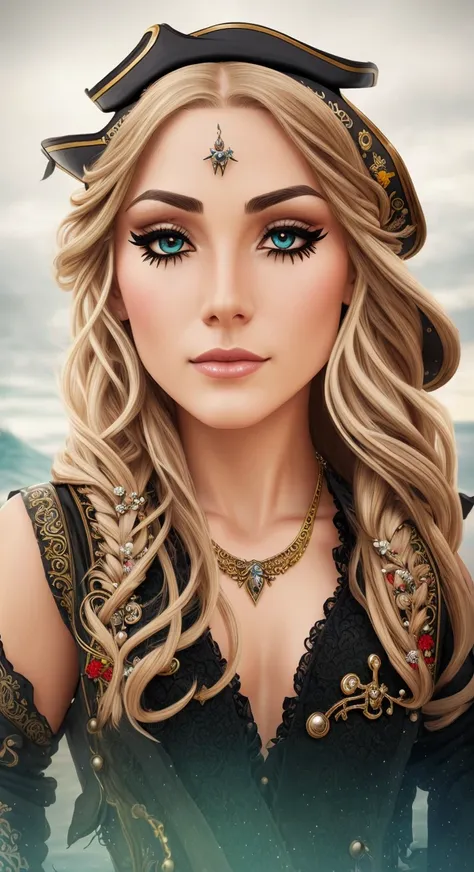 beautiful female pirate with hat, pirate captain, detailed face, beautiful eyes, full lips, long eyelashes, ornate pirate hat, feather in hat, intricate pirate outfit, embroidered coat, shiny jewelry, holding sword, stormy sea background, dramatic lighting...