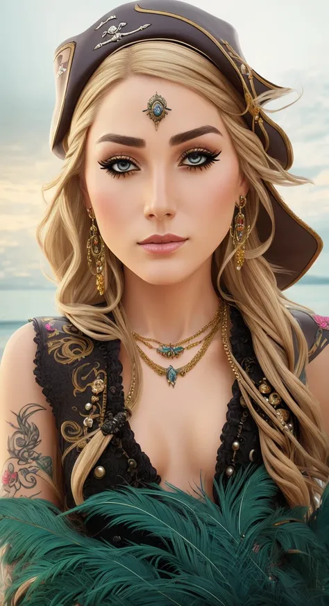 beautiful female pirate with hat, pirate captain, detailed face, beautiful eyes, full lips, long eyelashes, ornate pirate hat, feather in hat, intricate pirate outfit, embroidered coat, shiny jewelry, holding sword, stormy sea background, dramatic lighting...