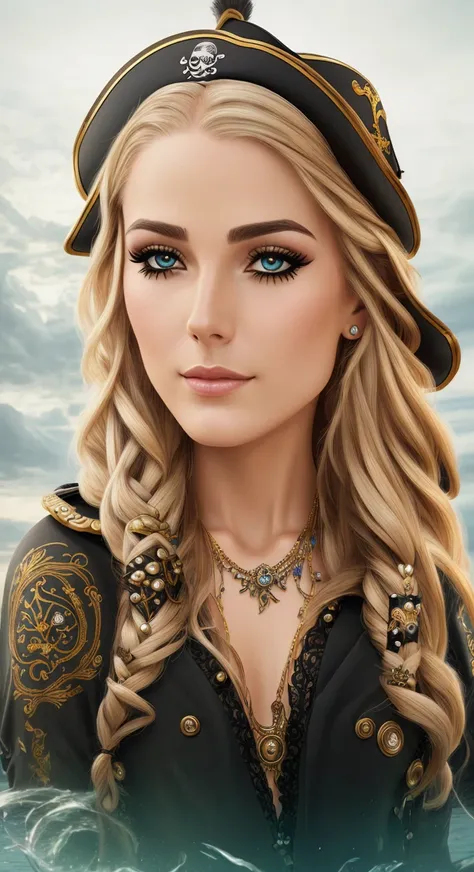 beautiful female pirate with hat, pirate captain, detailed face, beautiful eyes, full lips, long eyelashes, ornate pirate hat, feather in hat, intricate pirate outfit, embroidered coat, shiny jewelry, holding sword, stormy sea background, dramatic lighting...