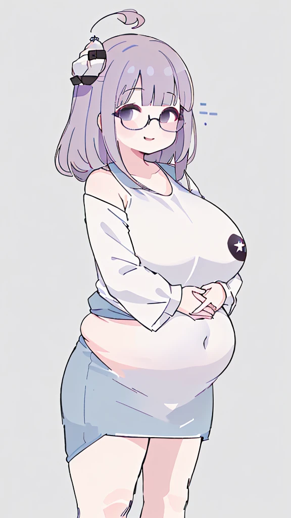 A woman wearing a short skirt is holding a cell phone, Tsk tsk, She has a jiggly, fat, round belly, , brother, big tummy, her belly is fat and round, Fat Chan, thick body, Tsk tsk build, (SFW) safe for work, brother proportions, Short full-length portrait!...