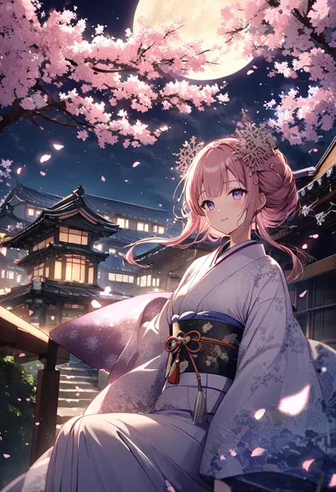 ニューヨークのA tranquil Kyoto night under a full moon, where cherry blossoms create a magical snowstorm of petals. Two maiko, dressed in exquisite traditional kimonos, walk gracefully through the ancient streets. The traditional architecture of Kyotos temples an...