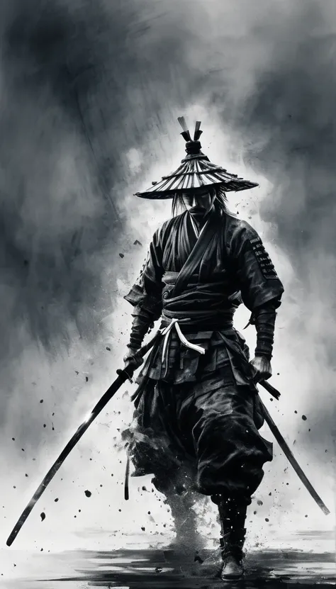 black and white painting,ink painting,splash,mamba hair,seppuku,create a hyper-realistic and cool image of miyamoto musashi usin...