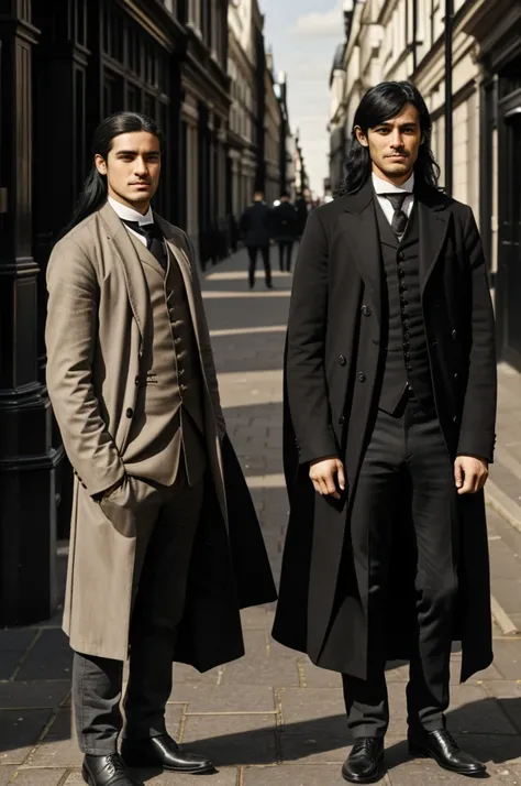 Two men standing in London in the 19.century. The one guy has black long hair and is thin, wearing a whie linin shirt and looking to the left side. The other guy stands next to him on the left side, turning around. Everything seems dark 