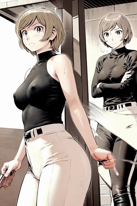 (野球uniform:1.2),
blonde, (short hair:1.2),Long sleeve, Black Shirt, turtleneck,White trousers、uniform、Black belt、((People illustrations))、big 、
View your audience,, (Highest quality:1.3),One Girl, White pants、uniform、Outdoor、baseball ground、ground、soil、blu...