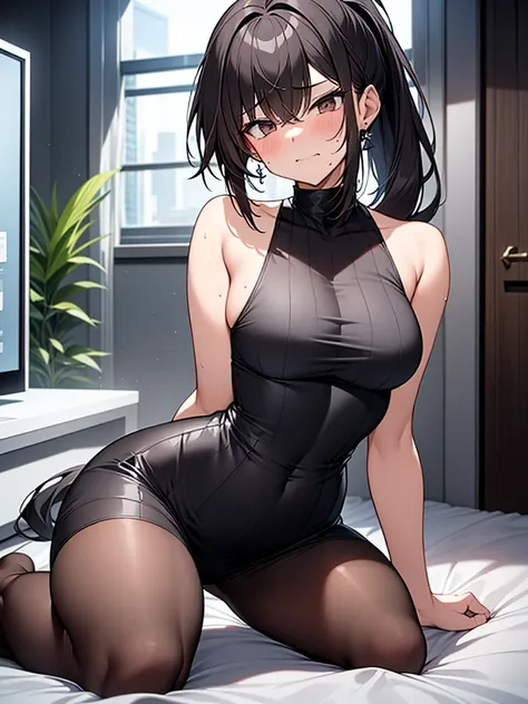 NSFW:3.6 Full Body View、Black sleeveless vertical striped shirt:1.3 1 female 1 male、Cowgirl sex with a slim muscular man:1.3. Excitement, sweating, flushing), (Night, dark room, apartment room, lying on a white bed, troubled face, crying face)、 (Black hair...