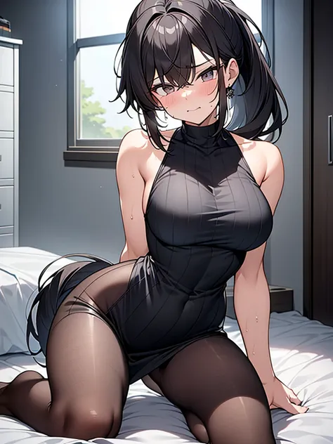 NSFW:3.6 Full Body View、Black sleeveless vertical striped shirt:1.3 1 female 1 male、Cowgirl sex with a slim muscular man:1.3. Excitement, sweating, flushing), (Night, dark room, apartment room, lying on a white bed, troubled face, crying face)、 (Black hair...