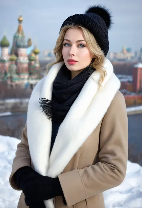 (Black Cossack hat), (Overcoat for cold weather, denim), (White Mink scarf:1.3), (Black mitten:1.3), front view , Full-body, standing pose, looking at viewer, Russian girl, 18 age old, (Blond hair, middle hair , wince, Gray eyes, beautiful lip, serious), w...