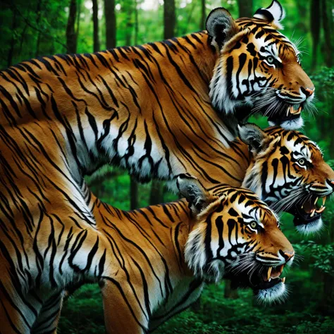 REALISTIC，Various angles of tiger roaring，After unlimited exposure，Overlapping tiger heads form multiple translucent afterimages，Positive view，Secret Forest Land