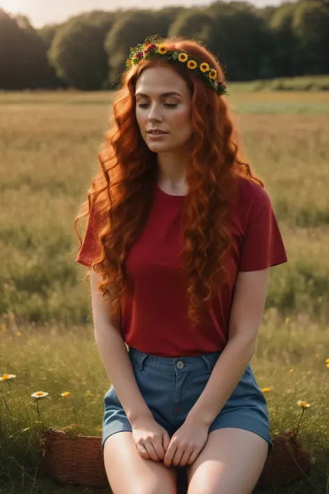 (girl:1.2),alone, (long ginger curly hair:1.1), brown eyes, Wearing a daisy wreath on your head, Sit in a daisy field, (fruit basket:1.1), blue shorts, red shirt,,raw,photographic,photo shadows,actual,Ridiculous,Aesthetic,elegant